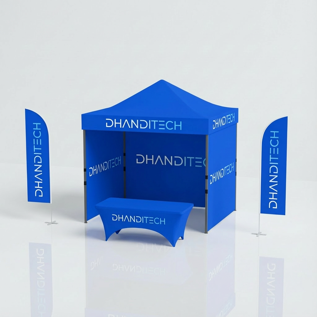 3m x 3m Custom Marquee | Full Walls + Roof + Flags + Table - Dhanditech