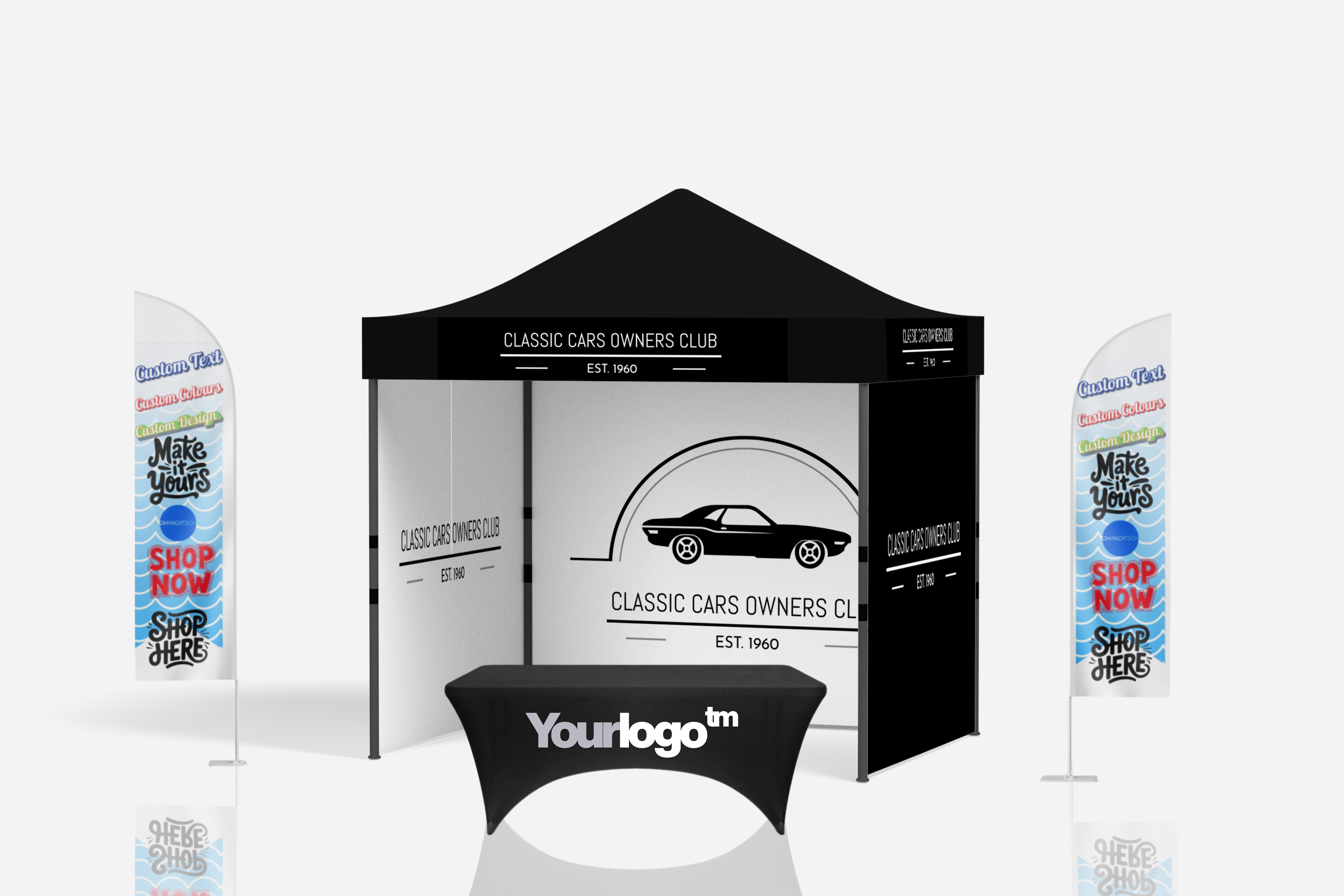 Commercial Gazebo with Custom Print - All Sides 3m x 3m (Complete Set with Table Cover & 2 Flag Poles)