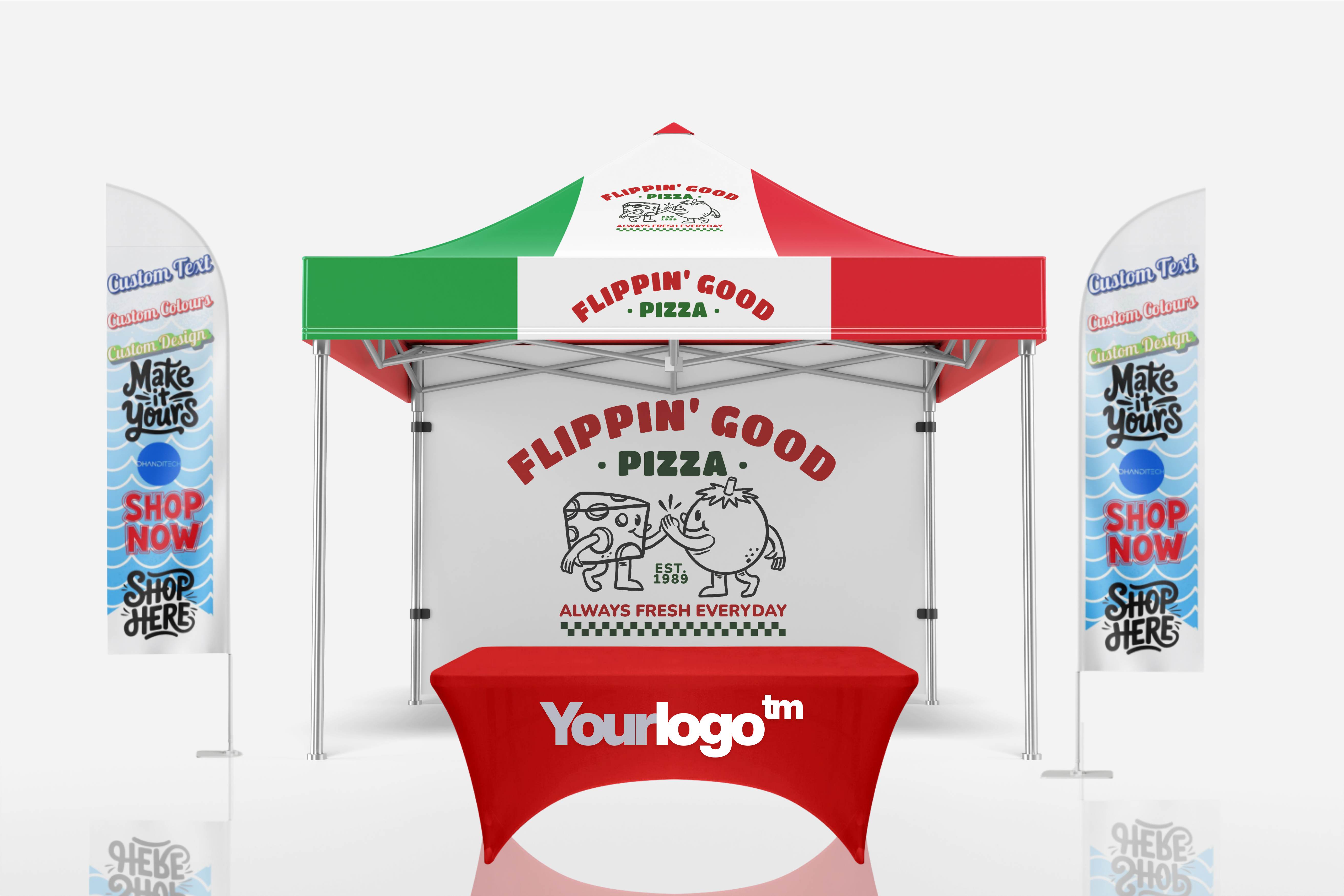 Commercial Gazebo with Custom Print - Back Print 3m x 3m (Complete Set with Table Cover & 2 Flag Poles)