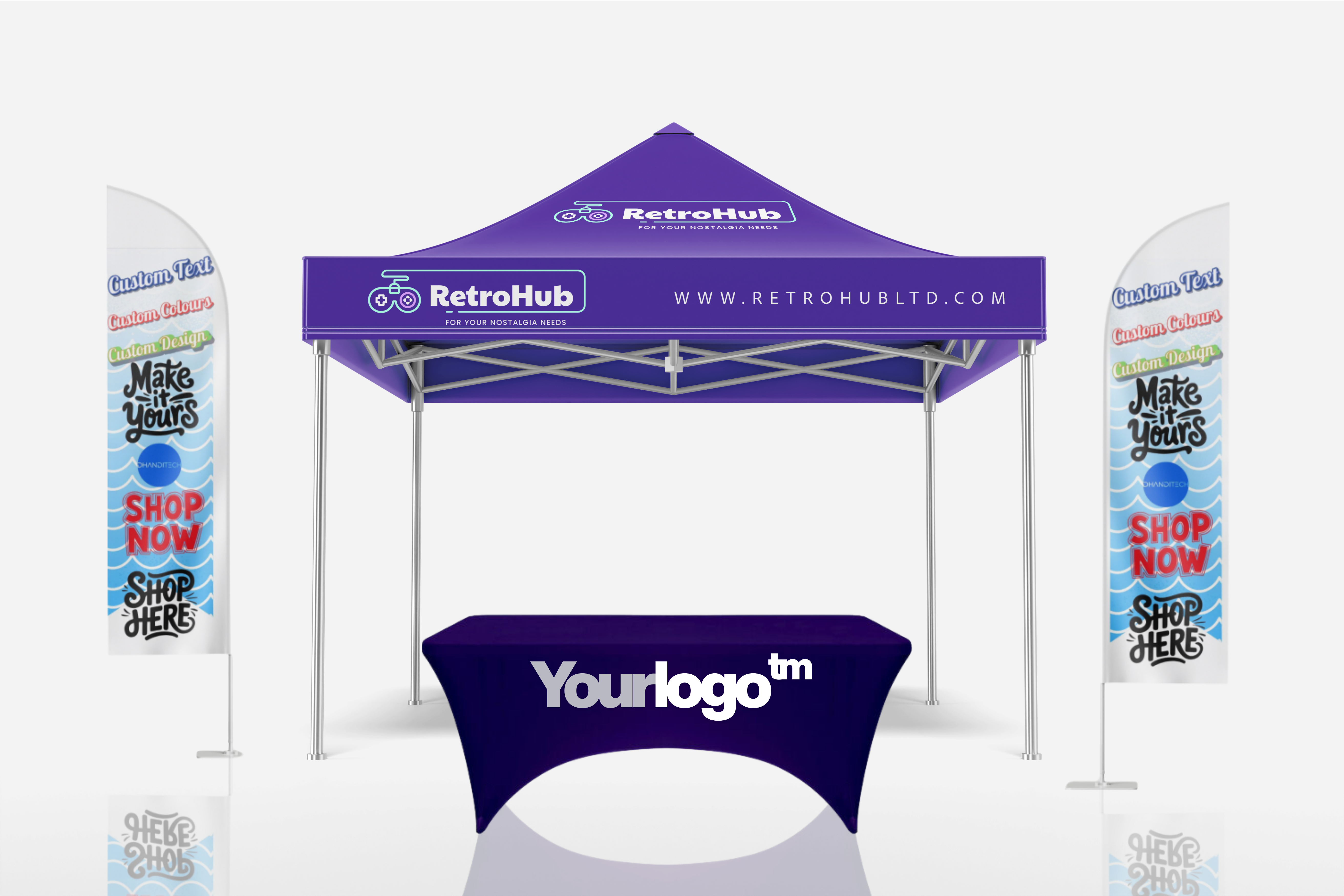 Commercial Gazebo with Custom Print – 3m x 3m Top Cover (Complete Set with Table Cover & 2 Flag Poles)