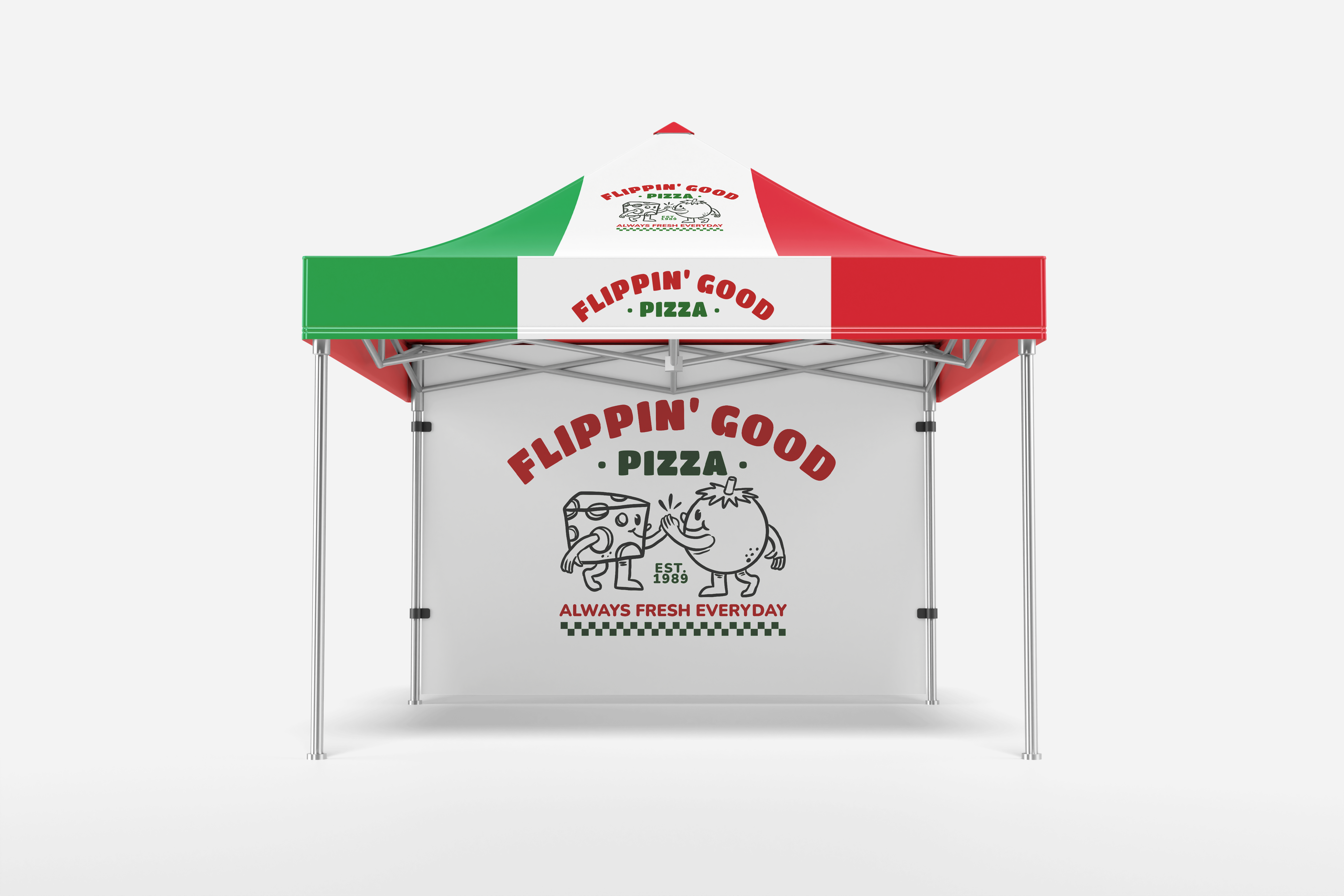 Outdoor canopy tent with 'Flippin' Good Pizza' branding on a white background